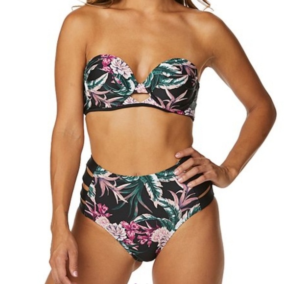 Black Floral Bikini Top & High-Waisted Bikini Bott - Picture 1 of 7